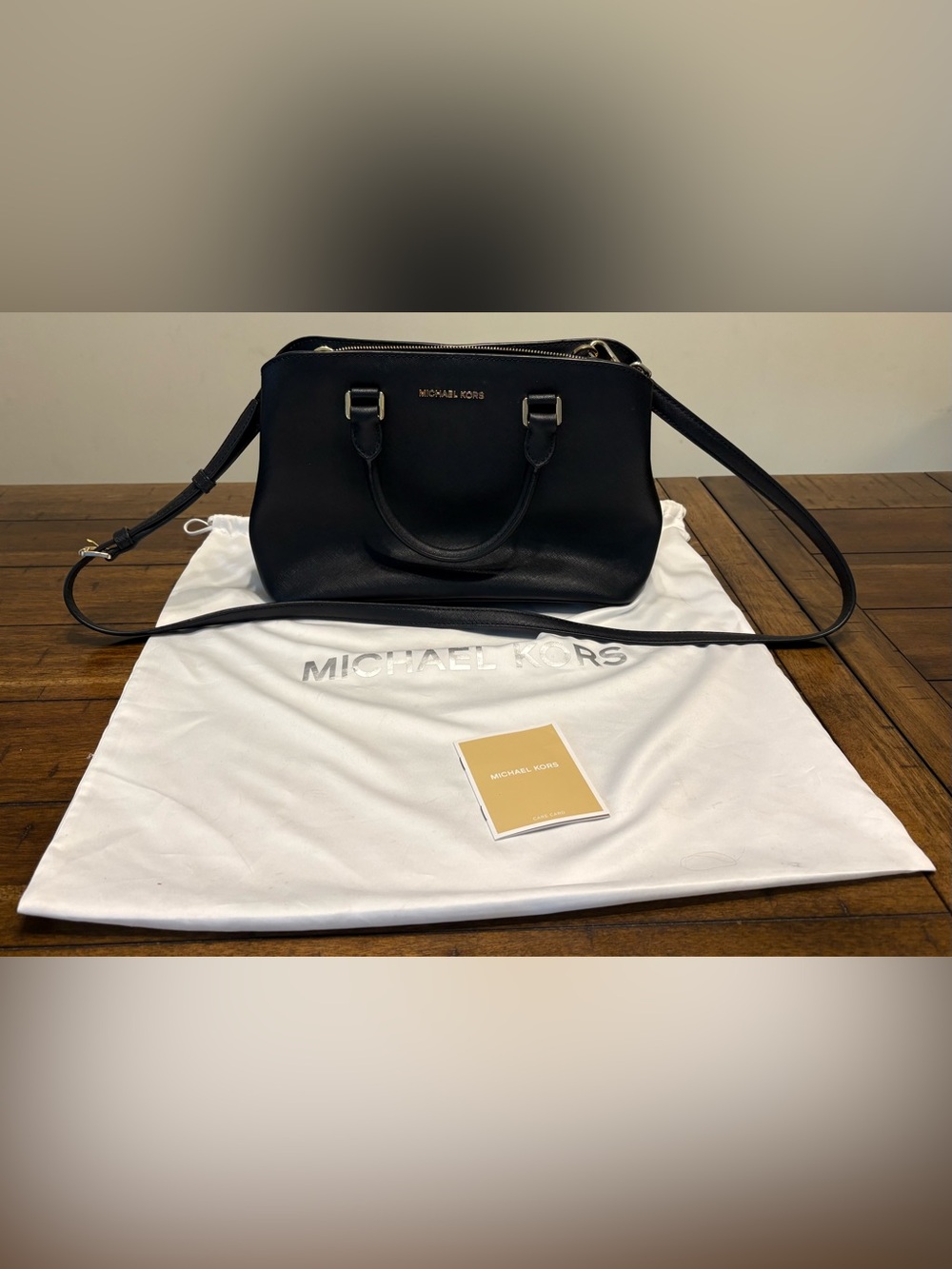 Michael Kors Black Leather Double-Handle Satchel with Shoulder Strap